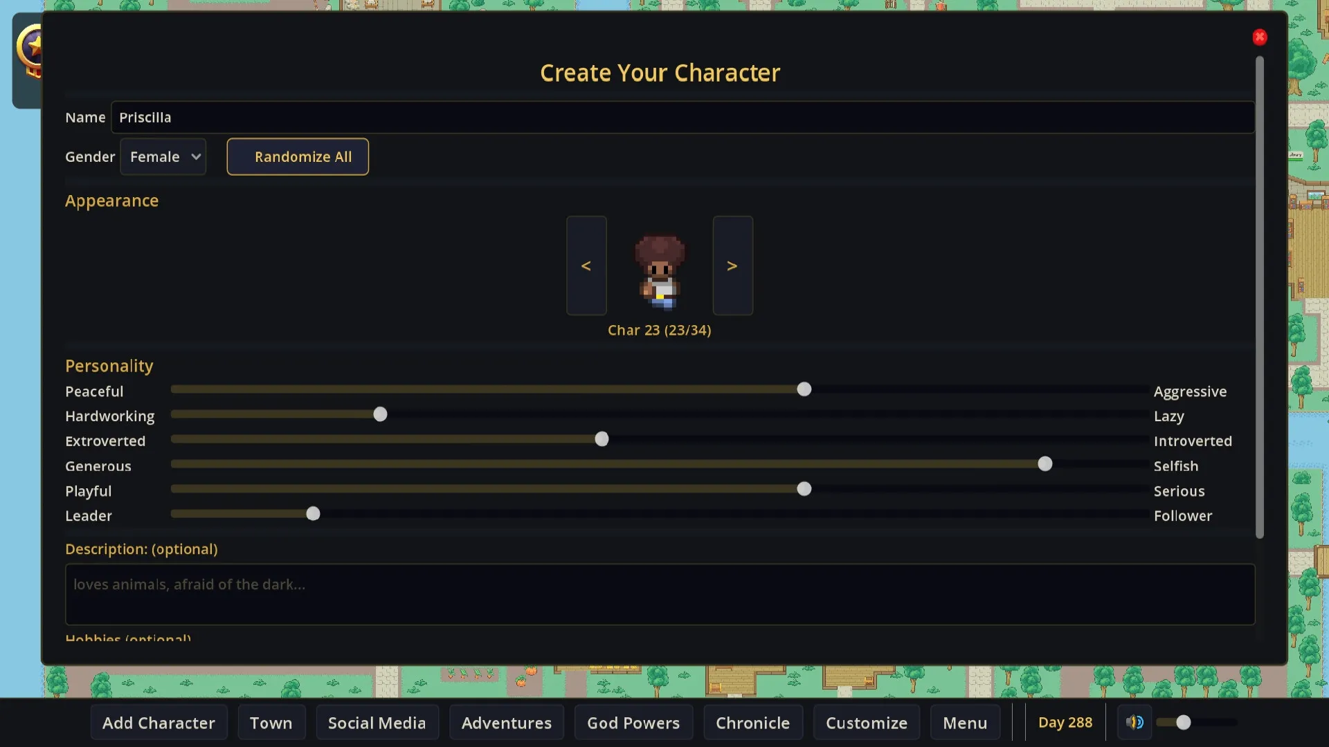 AI Society character creation screen with personality sliders and a free-form description