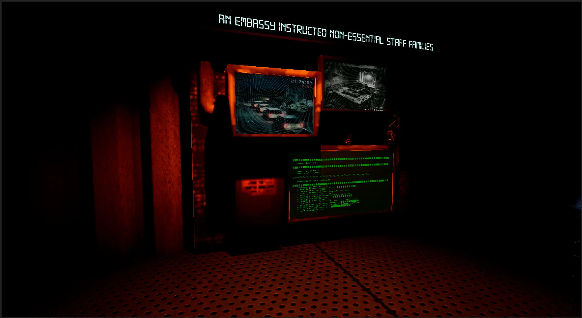A dark intelligence terminal showing an unfolding embassy evacuation signal