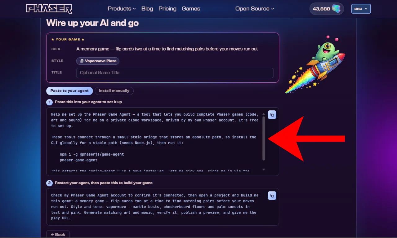 Phaser Game Agent setup screen containing the MCP installation prompt